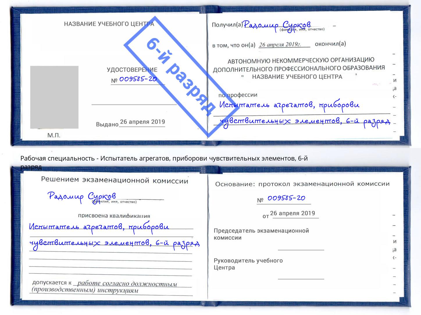 корочка 6-й разряд Испытатель агрегатов, приборови чувствительных элементов Азнакаево
