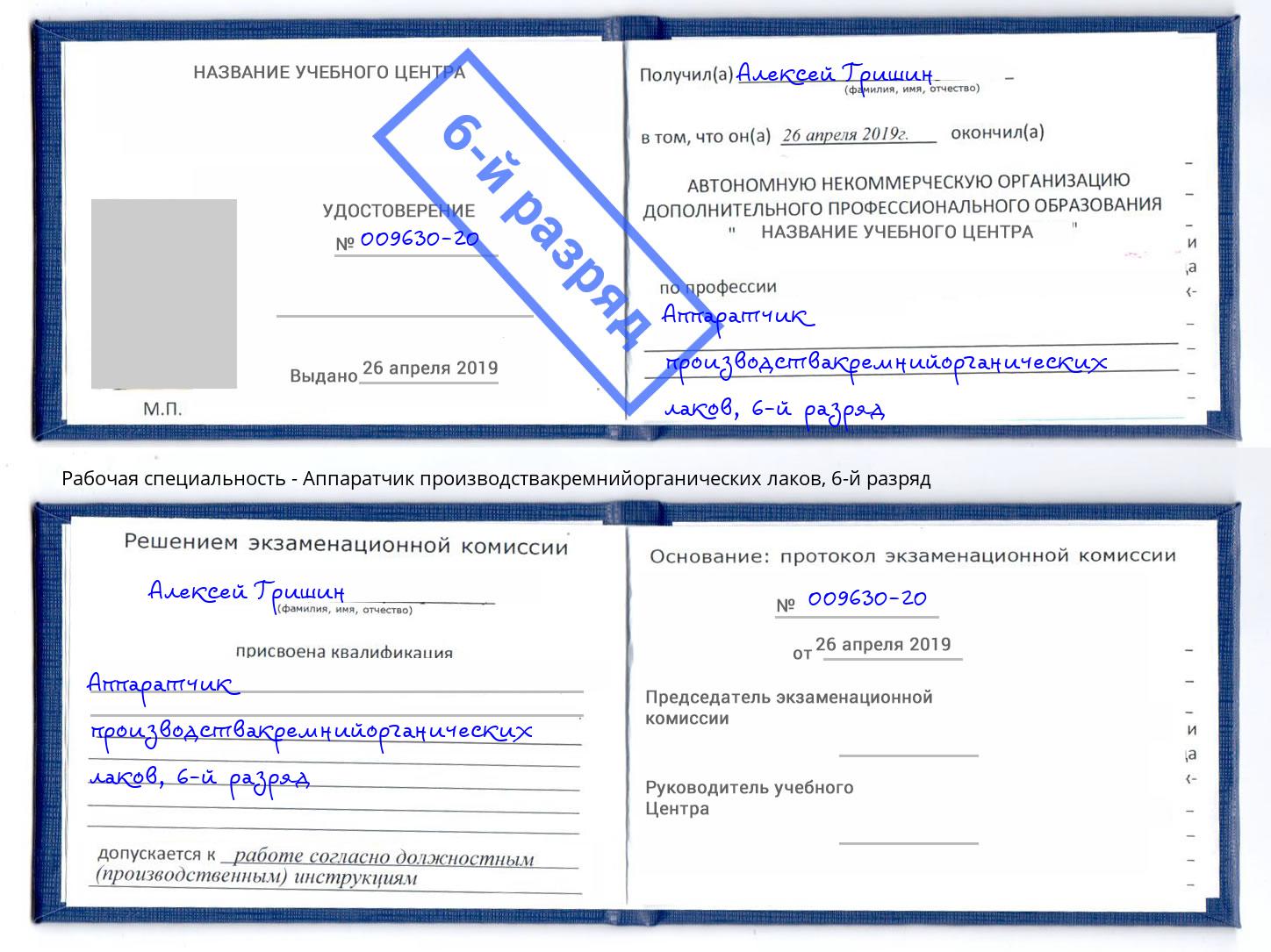 корочка 6-й разряд Аппаратчик производствакремнийорганических лаков Азнакаево