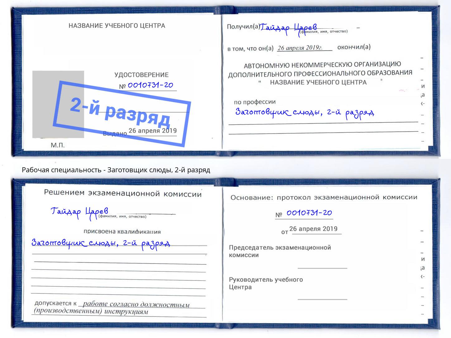 корочка 2-й разряд Заготовщик слюды Азнакаево